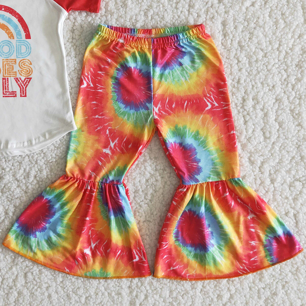 RTS Baby Girls Clothing Short Sleeve Tie Dye Bell Bottom Pants Kids Boutique Outfits Toddler Girl Clothes Sets B14-15