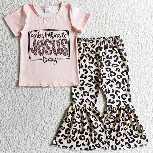 Fashion Baby Girls Clothes Jesus Short Sleeve Top Lepard Bell Pants Set GSPO0226