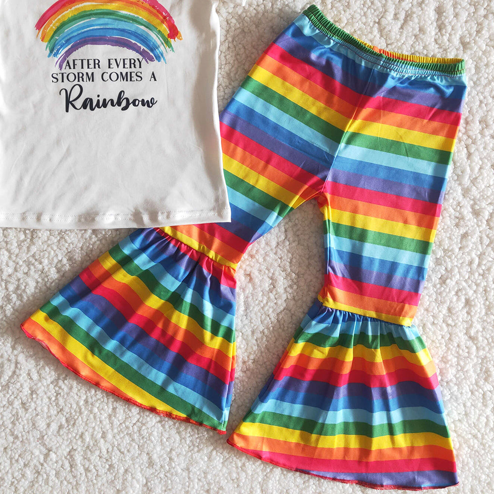 RTS Baby Girls Designer Clothes Rainbow Shirt Bell Bottom Outfits Boutique Kids Clothing Sets High Quality B14-3