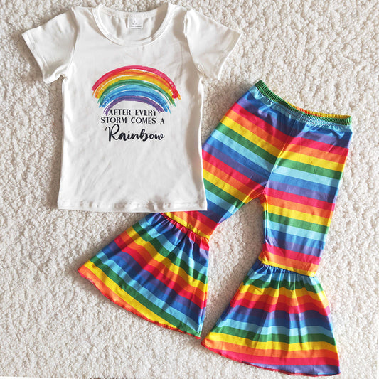 RTS Baby Girls Designer Clothes Rainbow Shirt Bell Bottom Outfits Boutique Kids Clothing Sets High Quality B14-3