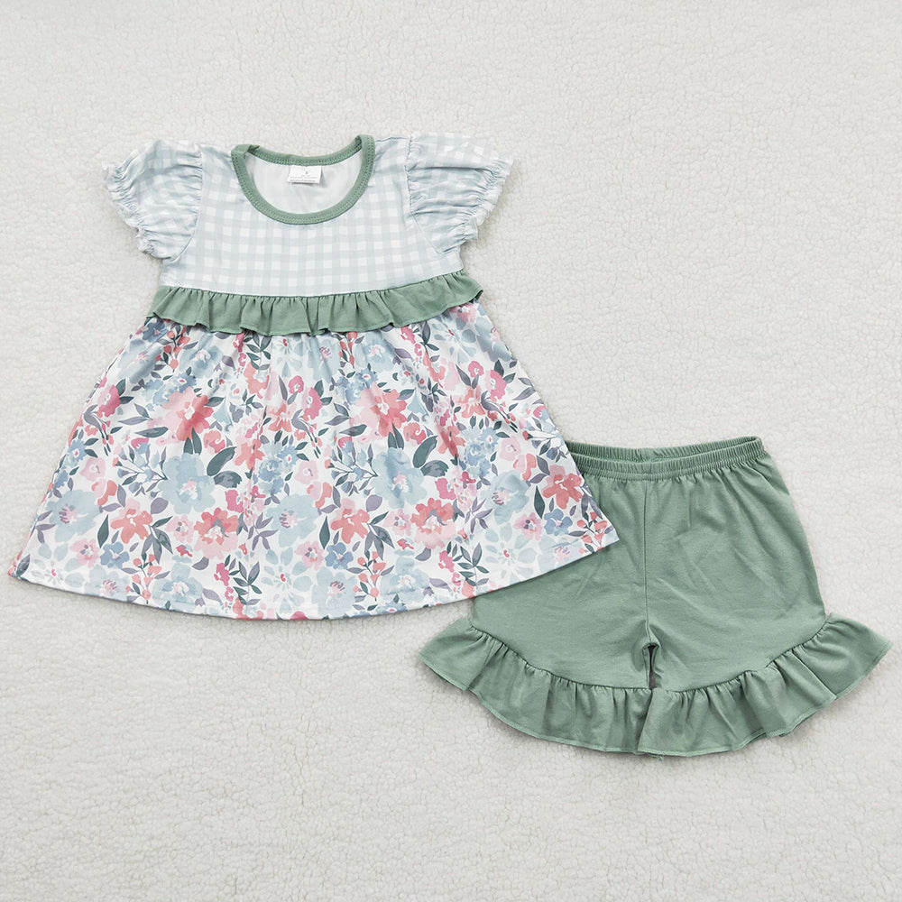 Baby Girls Clothes Cute Green Floral Ruffle Shorts Sets GSSO0247