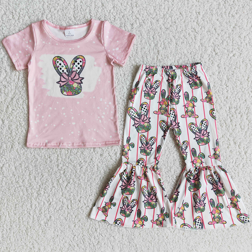 Wholesale Baby Girls Clothes Easter Cute Kids Girls Clothing Outfit Bunny Print Bleached Short Sleeve Tee Bell Bottom Pants Sets