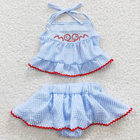 Baby Girls Clothes 2pcs Summer Crab Embroidery Seersucker Bummie Sets S0081