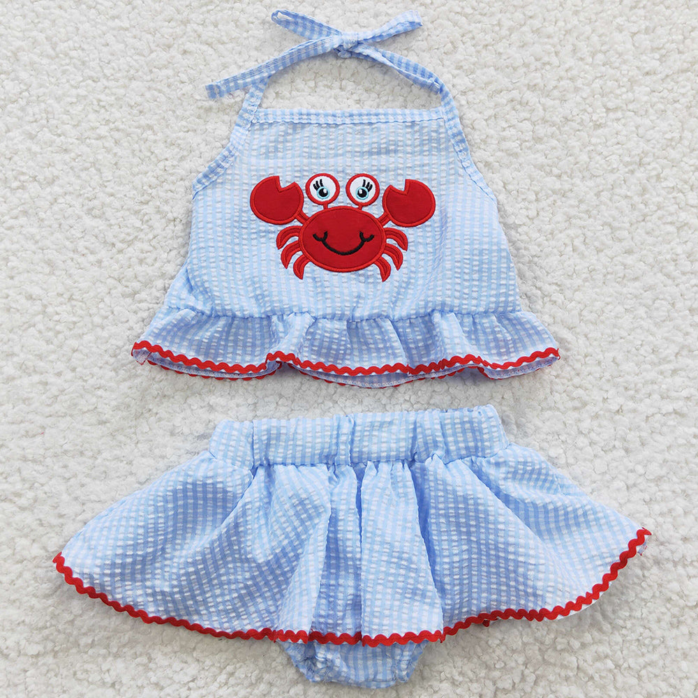 Baby Girls Clothes 2pcs Summer Crab Embroidery Seersucker Bummie Sets S0081