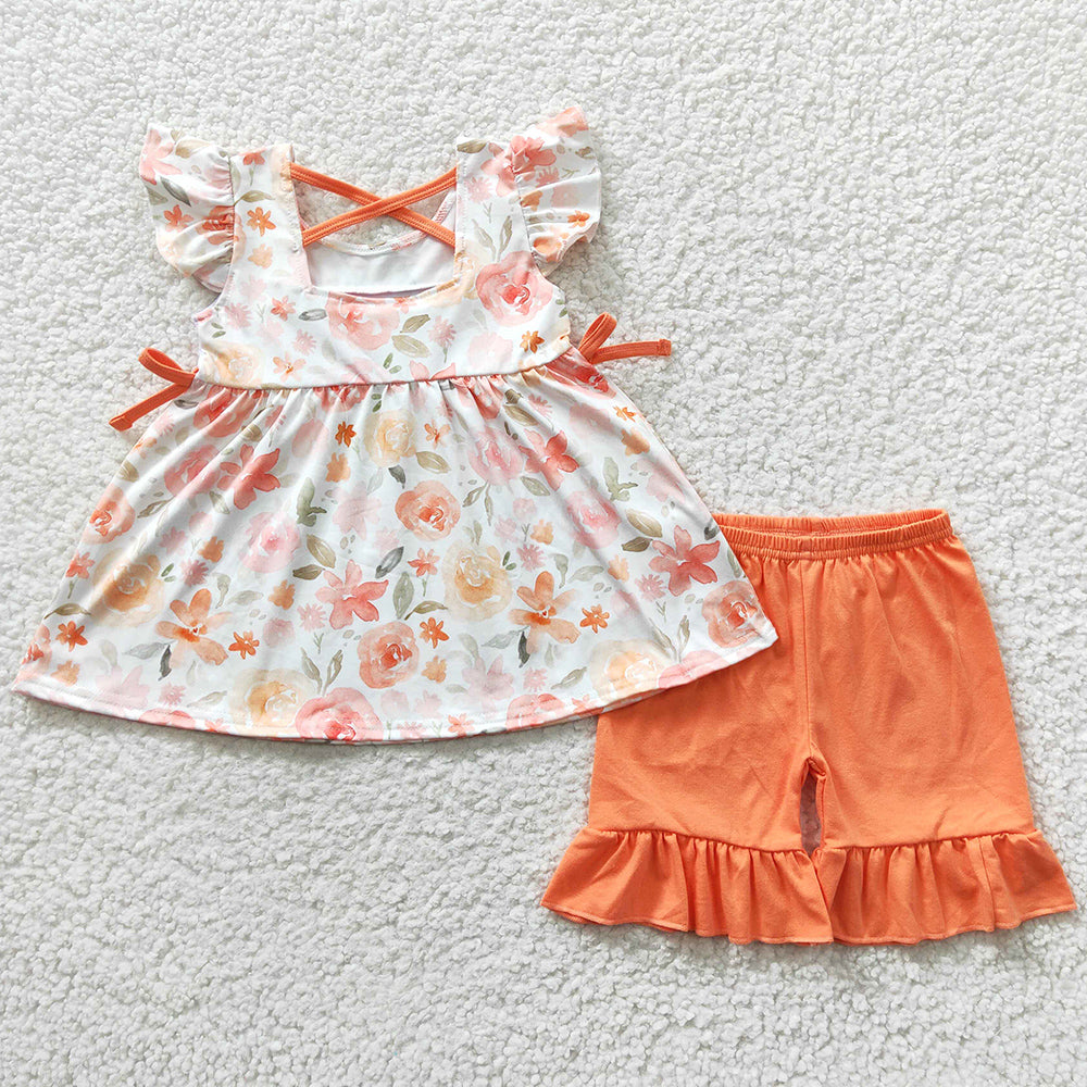 Summer Baby Girls Clothes Mama's Girl Orange Floral Ruffle Shorts Sets GSSO0235