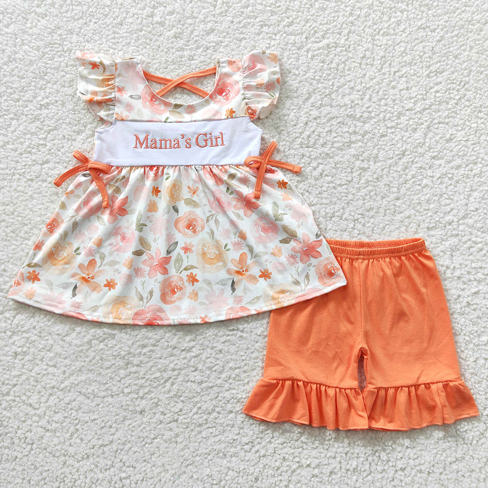 Summer Baby Girls Clothes Mama's Girl Orange Floral Ruffle Shorts Sets GSSO0235