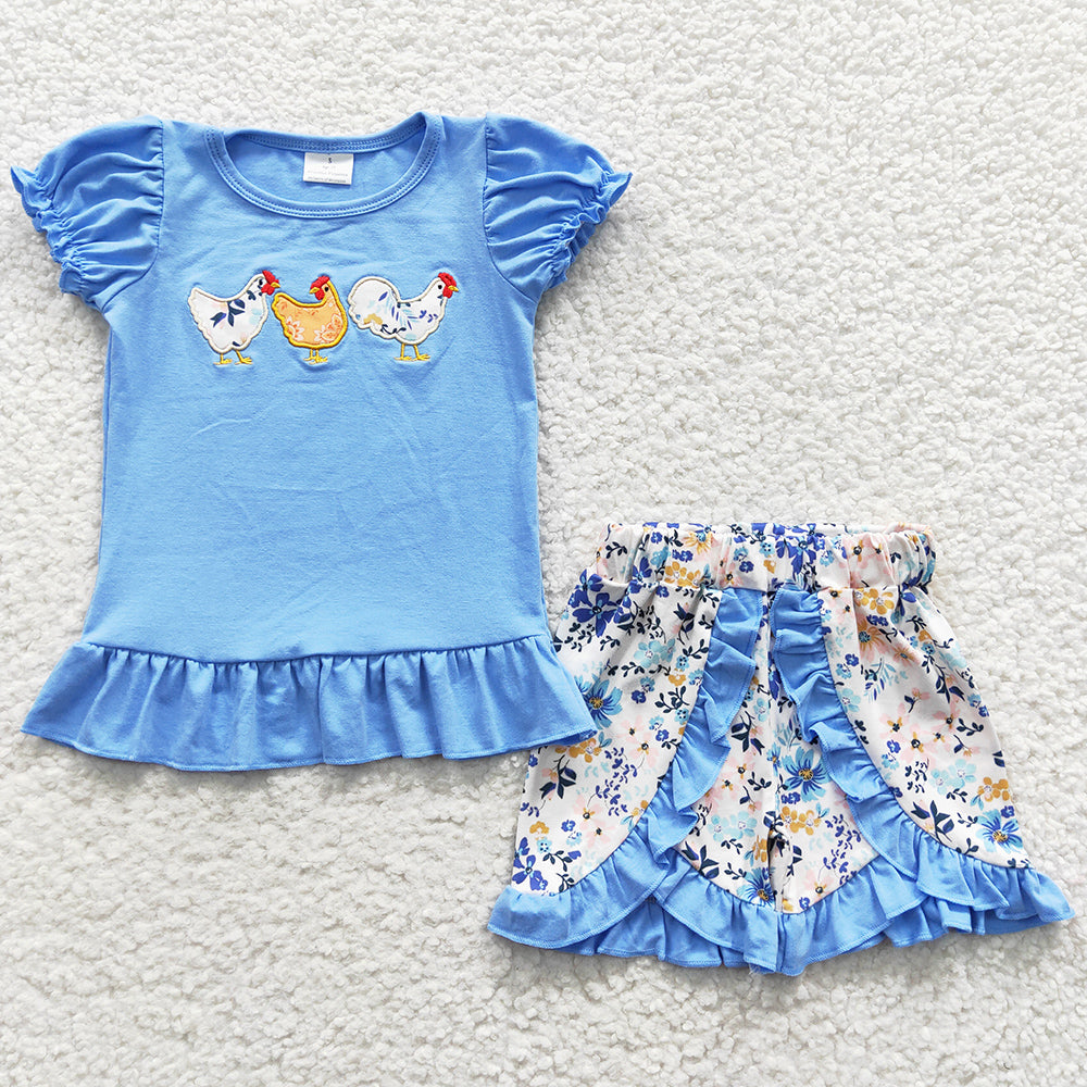 Summer Baby Girls Clothes Chicken Embroidery Ruffle Shorts Sets GSSO0211