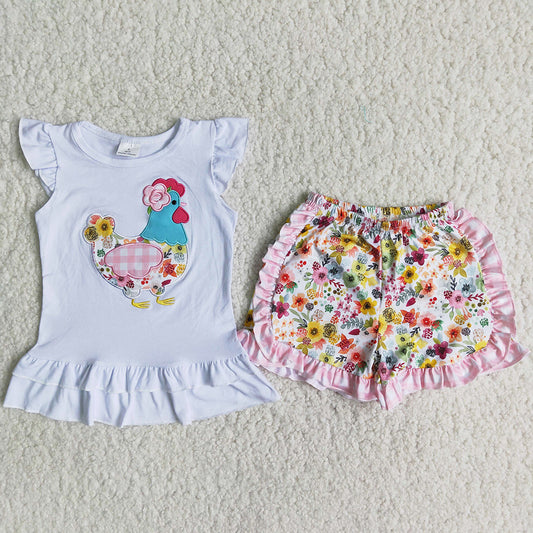 Boutique Girls Summer Clothes Chicken Embroidery Baby Girls Boutique Clothing A16-10