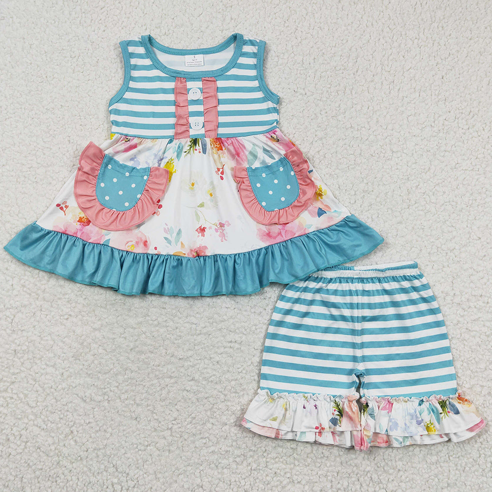 Baby Girls Clothing Summer Blue Stripe Flowers Tunic Ruffle Shorts Sets GSSO0240