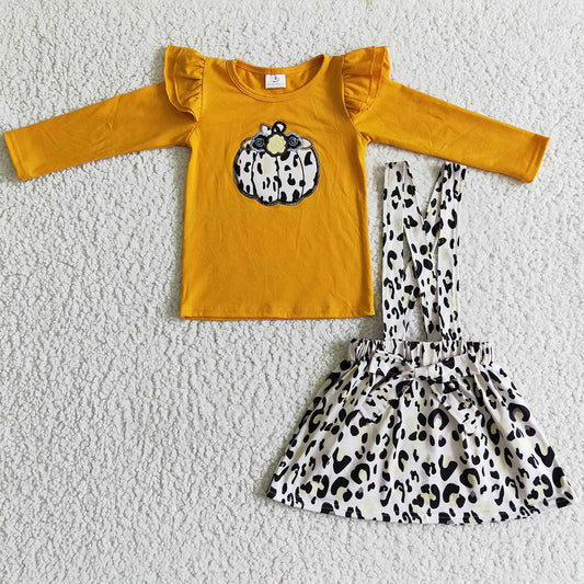 Boutique Baby Girls Clothes Leopard Suspender Dress Set Halloween Pumpkin Embroidery Girls Overalls Outfits GLD0008