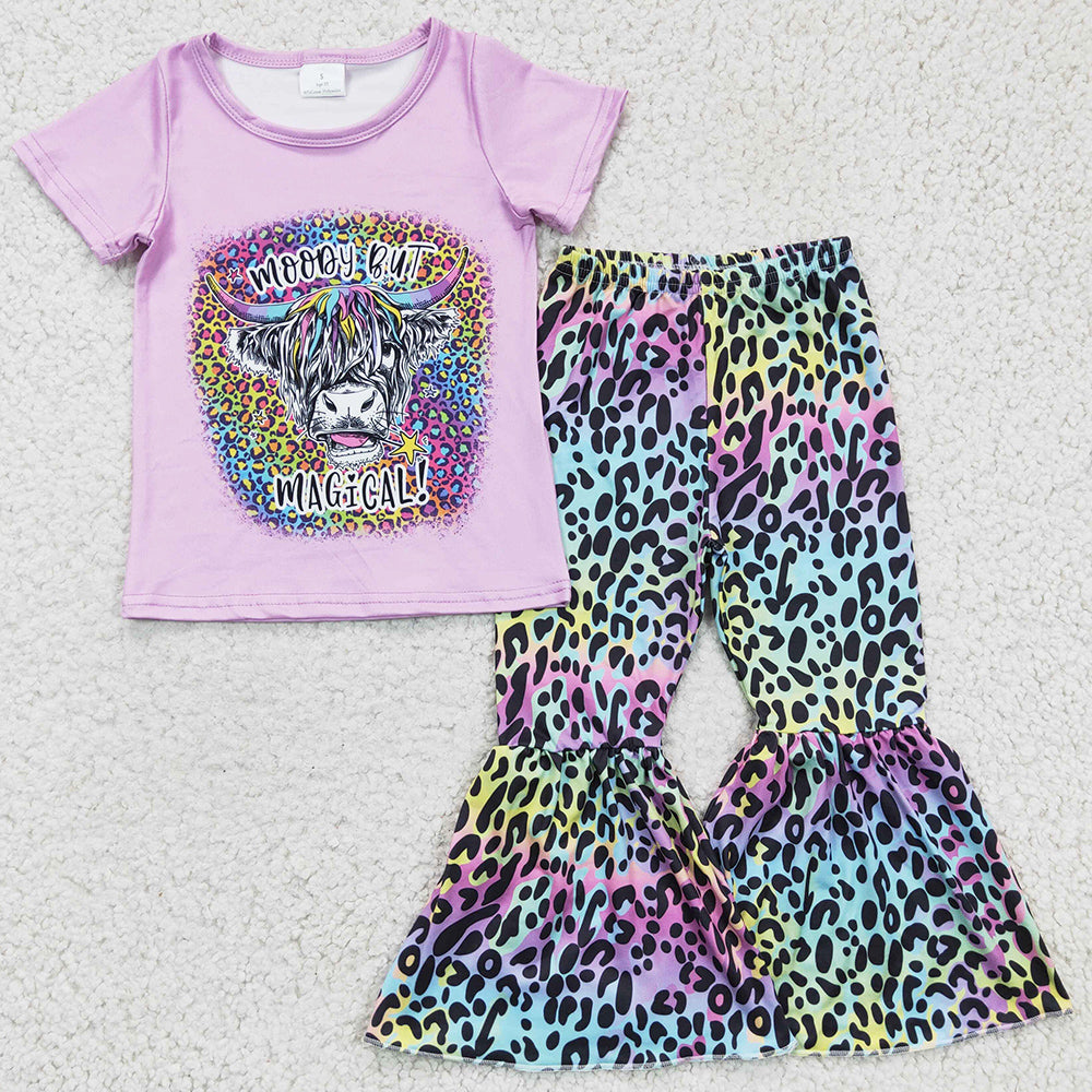 Wholesale Baby Girl Clothes Cow Print Girls Leopard Bell Bottom Outfits GSPO0240