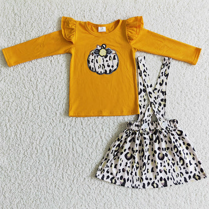 Boutique Baby Girls Clothes Leopard Suspender Dress Set Halloween Pumpkin Embroidery Girls Overalls Outfits GLD0008