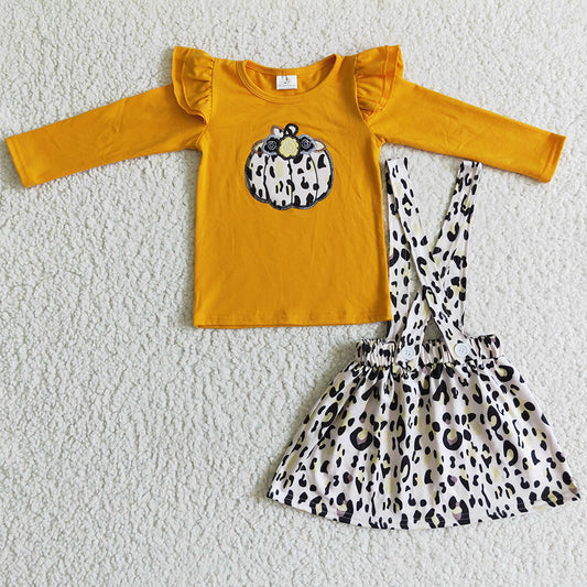 Boutique Baby Girls Clothes Leopard Suspender Dress Set Halloween Pumpkin Embroidery Girls Overalls Outfits GLD0008