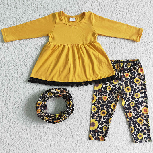 Boutique Baby Girl Clothes with Scarf 3pcs Set Sunflower Cute Kids Clothes Girls Fall Outfit Fashion Toddler Girl Clothes 6 A20-30