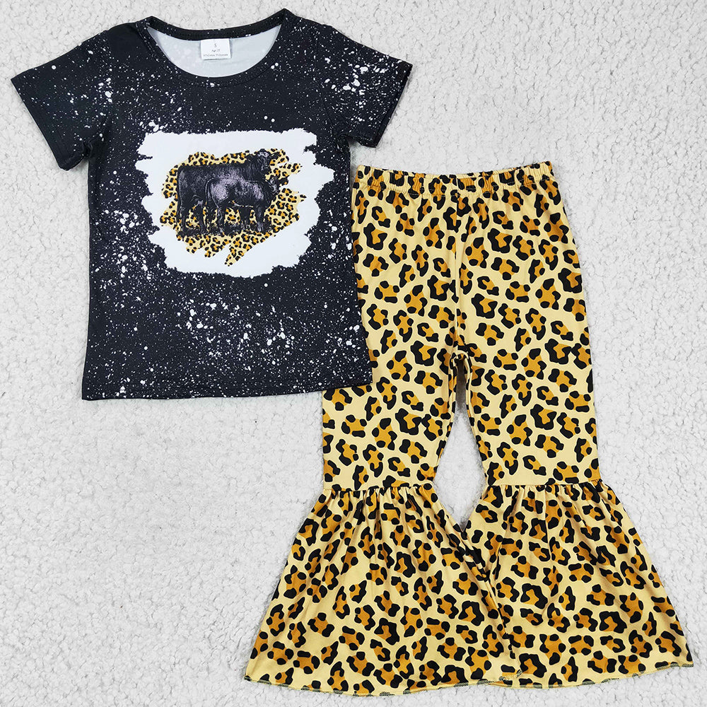 Cow Print Baby Girl Clothes Leopard Fashion Kids Girls Bell Bottom Outfits GSPO0352