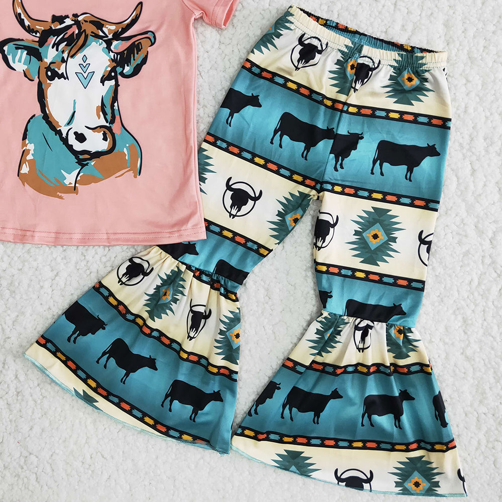 RTS Wholesale Baby Girl Clothes Cow Print Fashion Kids Designer Clothes Girls Bell Sets Western Style Boutique Baby Clothing B12-15