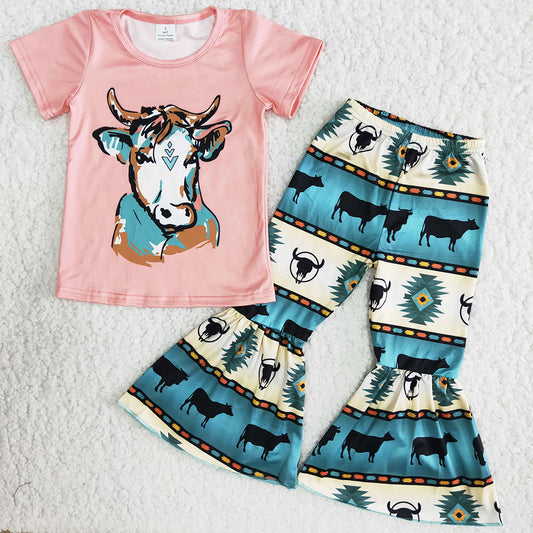 RTS Wholesale Baby Girl Clothes Cow Print Fashion Kids Designer Clothes Girls Bell Sets Western Style Boutique Baby Clothing B12-15