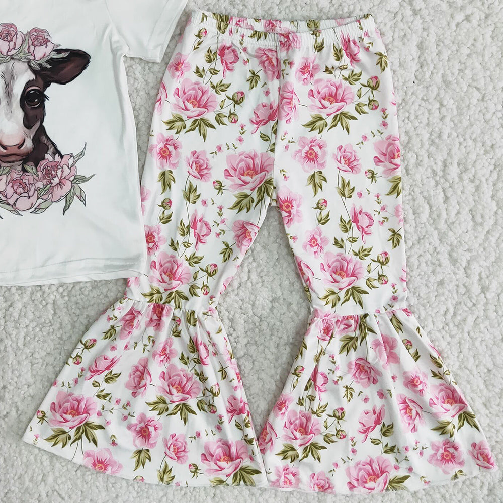 Fashion Girls Clothes Set Cute Cow Print Kids Clothes Girls Bell Pants Sets Flower Toddler Baby Girls Clothes Wholesale B7-11