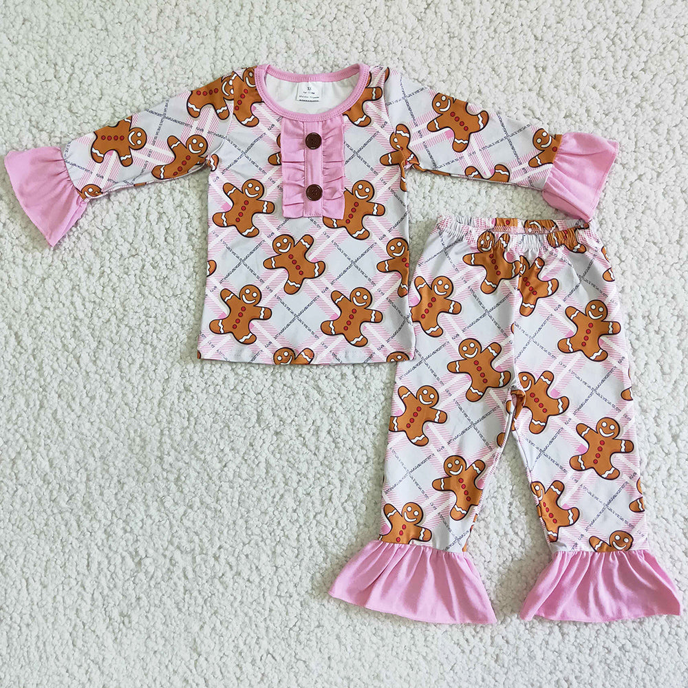 Gingerbread Print Cute Baby Girls Pajamas Set Christmas Boutique Girls Sleepwear 6 A1-27