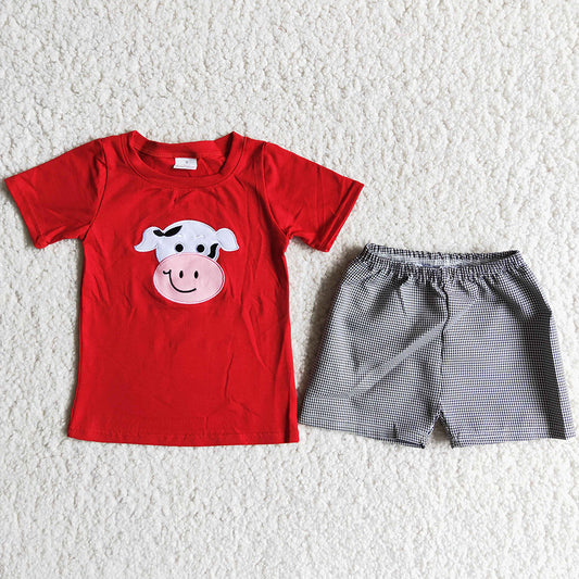 Boutique Baby Boy Clothes Fashion Kids Clothes Embroidery Boys Summer Clothing Set Red D13-1