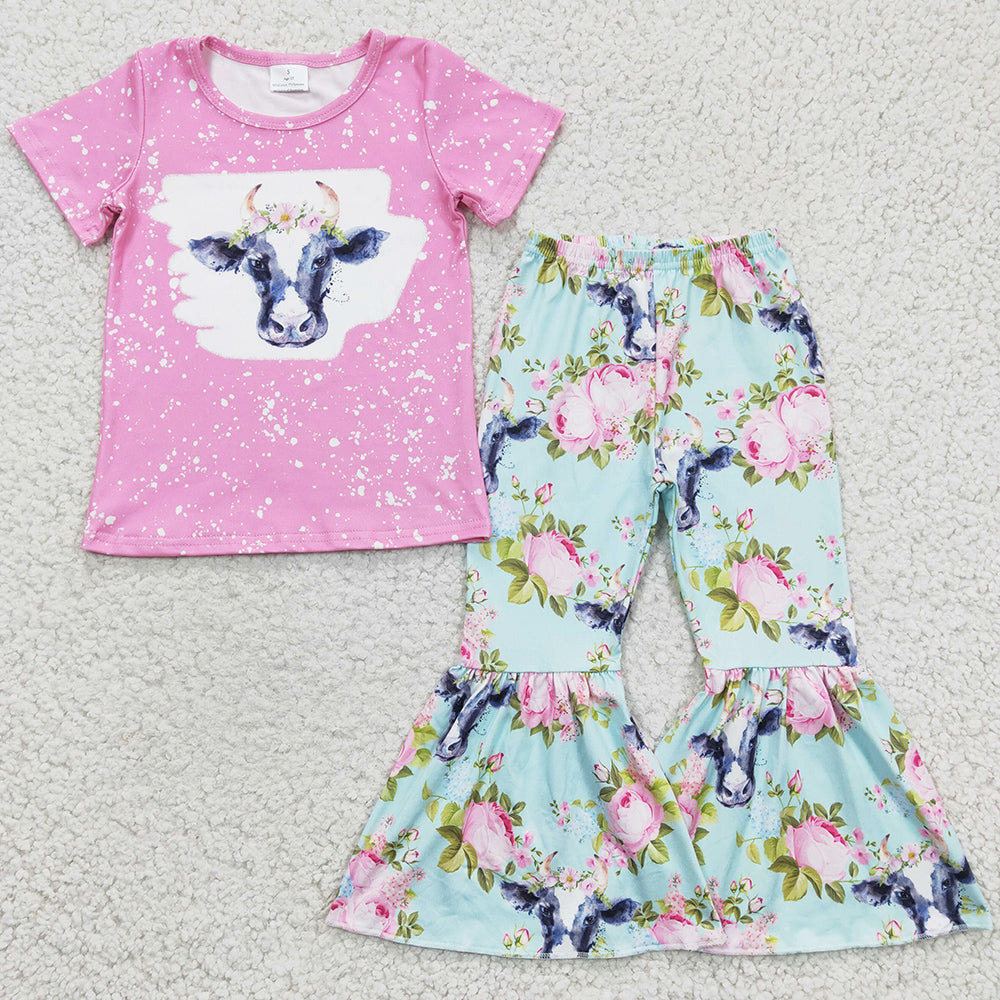 RTS Baby Girls Clothes Cow Flower Print Girls Boutique Outfits GSPO0395