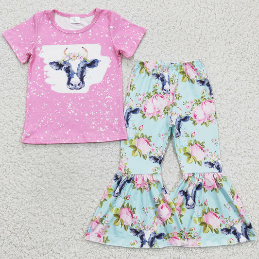 RTS Baby Girls Clothes Cow Flower Print Girls Boutique Outfits GSPO0395