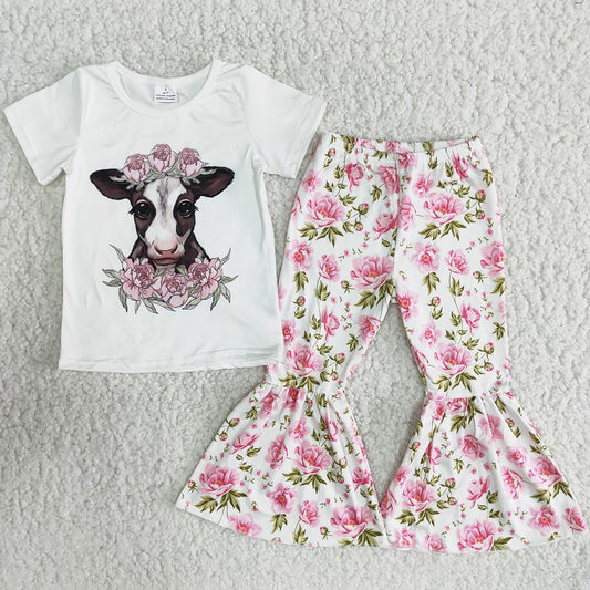 Fashion Girls Clothes Set Cute Cow Print Kids Clothes Girls Bell Pants Sets Flower Toddler Baby Girls Clothes Wholesale B7-11