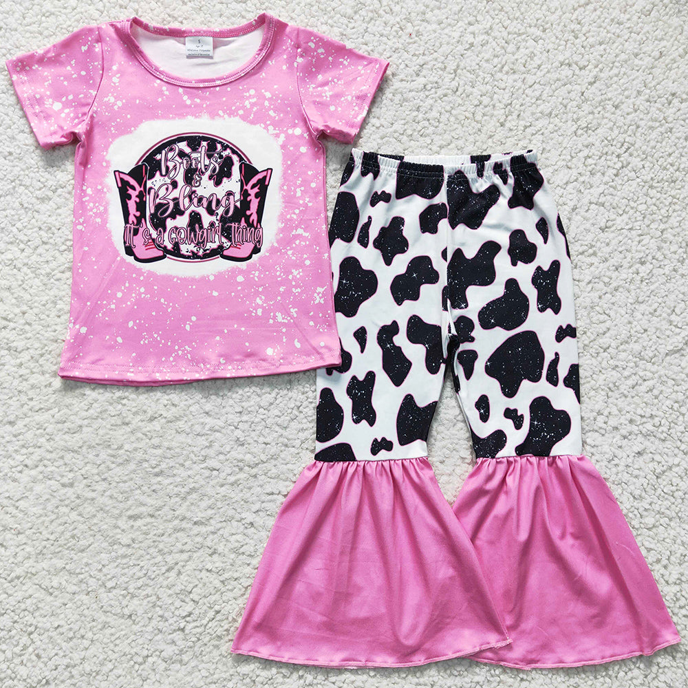 Pink Cute Toddler Girls Clothes Cow Print Bell Bottoms Set GSPO0325