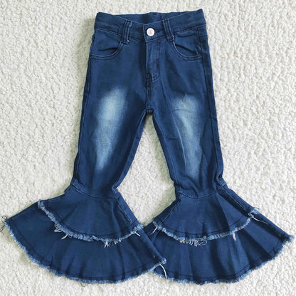 Kids Baby Girls Jeans Blue Washed Girls Denim Pants Double Ruffle Bell Bottom Pants High Quality Jeans P0003