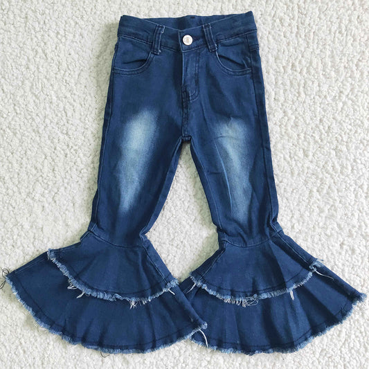 Kids Baby Girls Jeans Blue Washed Girls Denim Pants Double Ruffle Bell Bottom Pants High Quality Jeans P0003