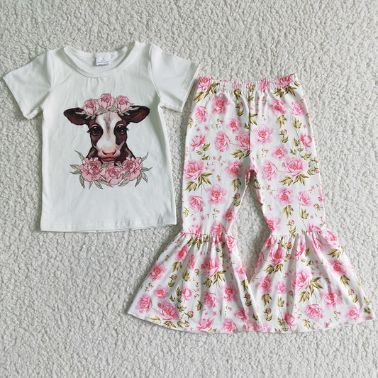 Hot Sale Baby Girls Clothes Cow Print Flower Bell Pants Set Boutique Kids Clothes Girls Outfits B7-11