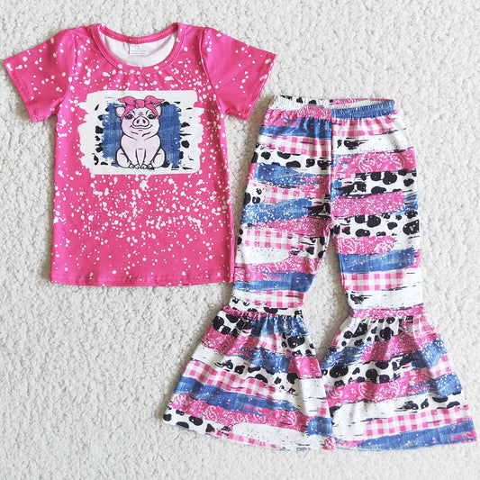 RTS Baby Girl Designer Clothes Spring Summer Kids Clothes Girl Boutique Clothing Pig Short Sleeve Bell Bottom Outfits Wholesale E3-29