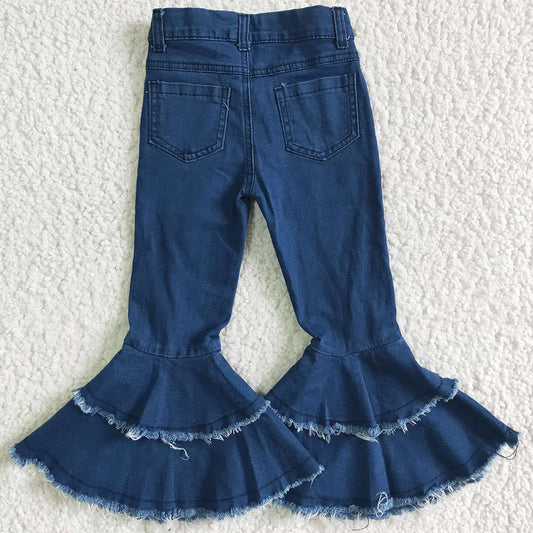 Kids Baby Girls Jeans Blue Washed Girls Denim Pants Double Ruffle Bell Bottom Pants High Quality Jeans P0003