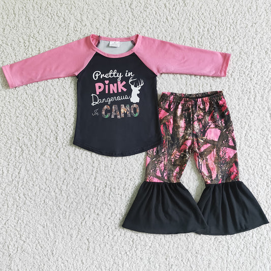 Cute Baby Girl Clothes Pink Long Sleeve T-shirt Camouflage Bell Bottom Outfits 6 A24-12