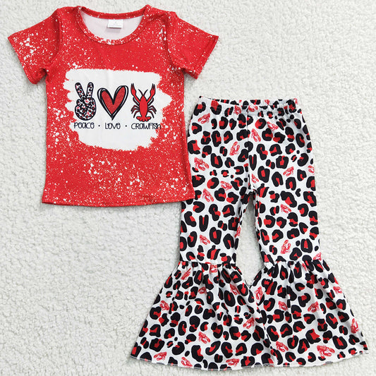 RTS Baby Girl Clothes Peace Love Crawfish Spring Kids Clothes Girls Bell Bottom Pants Outfits GSPO0432