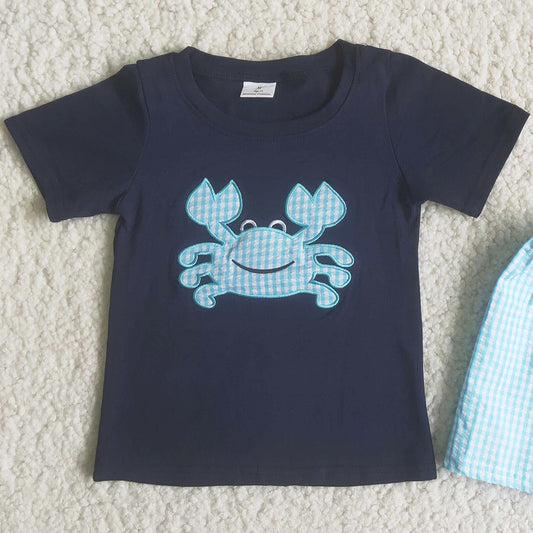 Cute Baby Boy Clothes Set Crab Embroidery Summer Boys Clothing Fashion Toddler Kids Outfits Wholesale A16-14