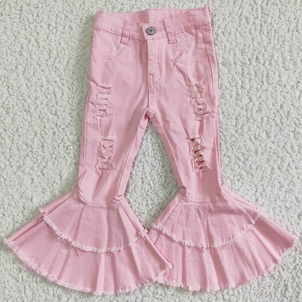 New Arrival Girls Jeans Pink Cute Girls Denim Pants High Quality Kids Jeans Ruffle Bell Bottom Pants P0005