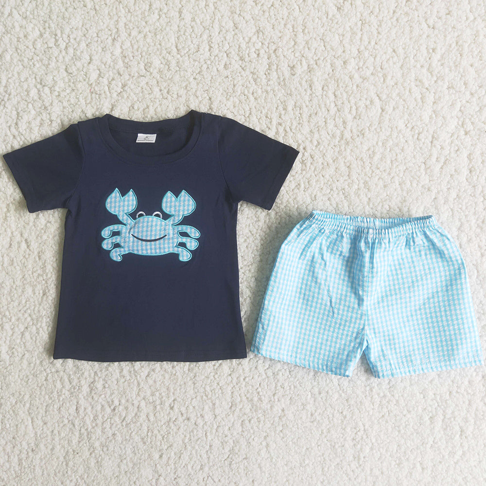 Cute Baby Boy Clothes Set Crab Embroidery Summer Boys Clothing Fashion Toddler Kids Outfits Wholesale A16-14