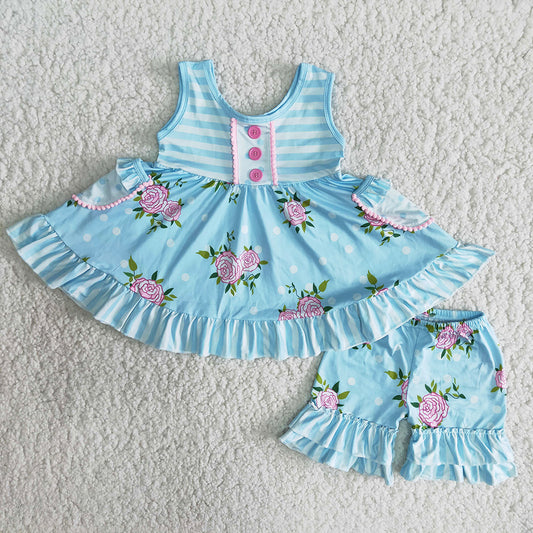 Fashion Kids Clothes Girls Summer Outfits Boutique Baby Girl Clothes With Pocket Blue A17-2