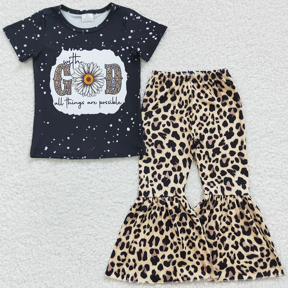 New Fashion Girls Clothing Short Sleeve Top Leopard Bell Pants Set GSPO0478