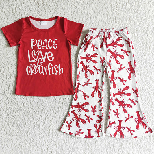 RTS Wholesale Baby Girls Clothes Lobster Cute Toddler Girl Clothes Peace Love Crawfish Kids Girls Boutique Clothing Outfits New B16-25