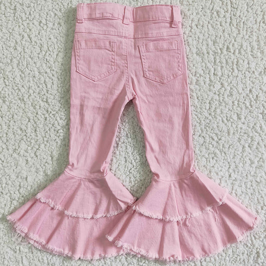 New Arrival Girls Jeans Pink Cute Girls Denim Pants High Quality Kids Jeans Ruffle Bell Bottom Pants P0005