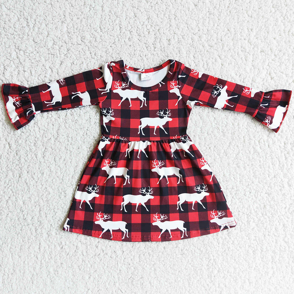 Baby Girls Dress Deer Print Christmas Boutique Toddler Girls Dress Long Sleeve Dresses 6 B2-21