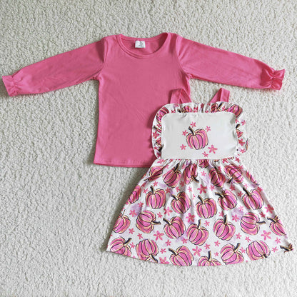 Pink Pumpkin Print Boutique Baby Girl Clothes Suspender Dress Halloween Outfits GLD0032