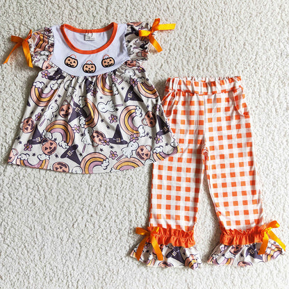 New Design Boutique Toddlers Girls Clothes Halloween Pumpkin Embroidery Set GSPO0176