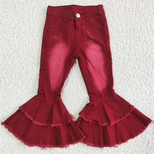 Boutique Baby Girls Denim Pants Double Ruffle Bell Bottom Pants Red Denim Washed Girls Jeans P0004