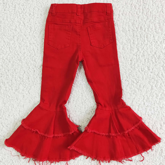 Boutique Baby Girls Jeans Double Ruffle Bell Bottom Pants Red Washed Girls Denim Pants High Quality Jeans P0006