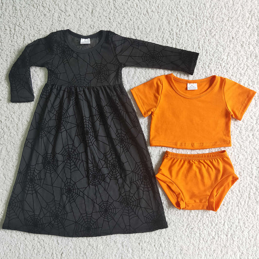 New Baby Girl Clothes Bummies Set Match Spiderweb Dress Halloween Outfits GBO0060