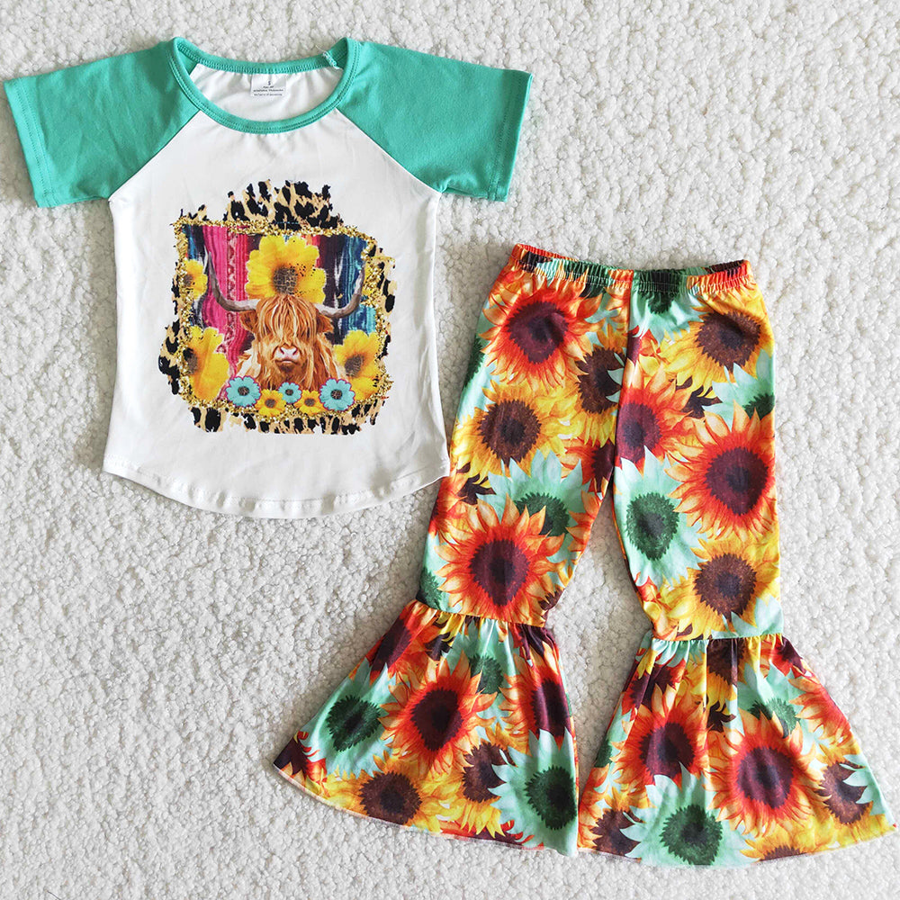 Boutique Kids Clothes Toddler Baby Girls Clothes Bell Bottom Outfits Sunflower Cow B9-3