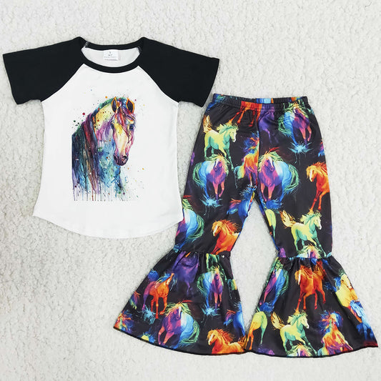 Western Style Baby Girls Clothes Hot Sale Horse Print Fashion Kids Clothes Girls Boutique Bell Bottom Pants Outfits Wholesale B8-4